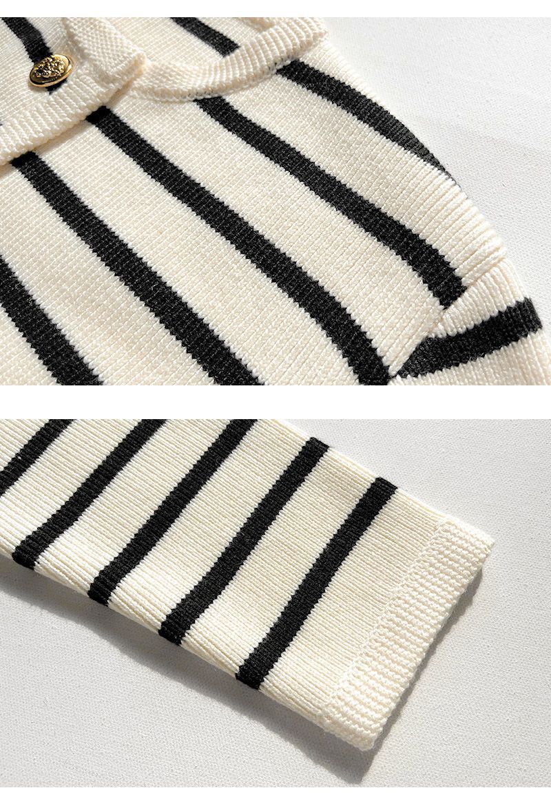 Black And White Striped Knitted Cardigan Women's Outer Wear Cropped Sweater Coat