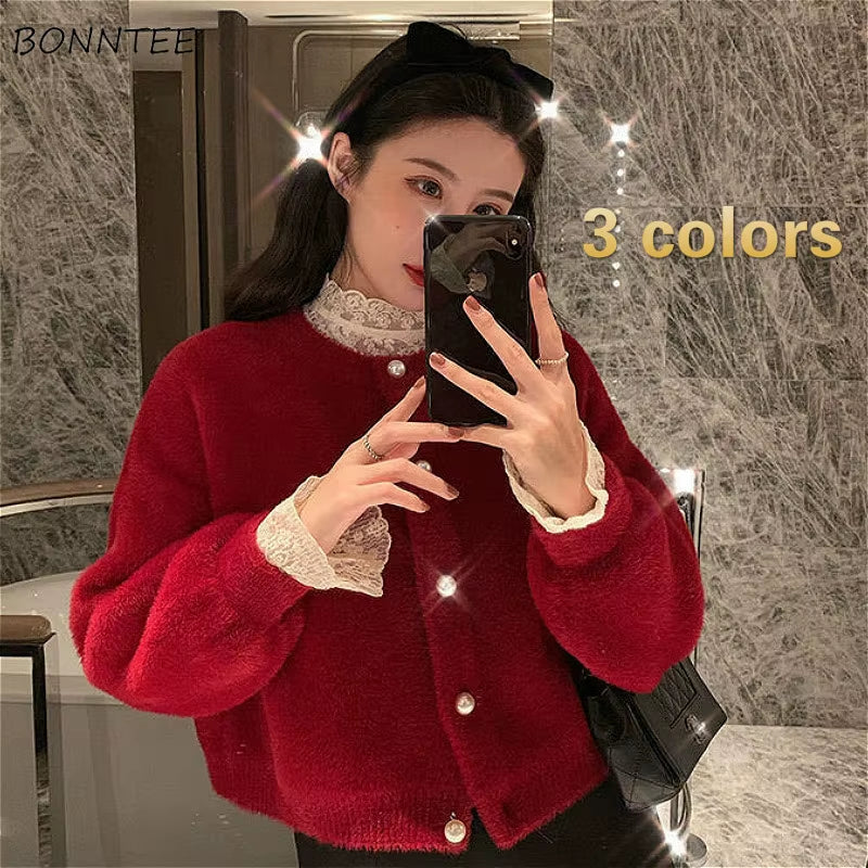 Cardigan Women Solid Knitted Retro Popular Korean Style Jumper Sweaters Newest Daily All-Match Loose O-Neck Vintage Soft Autumn