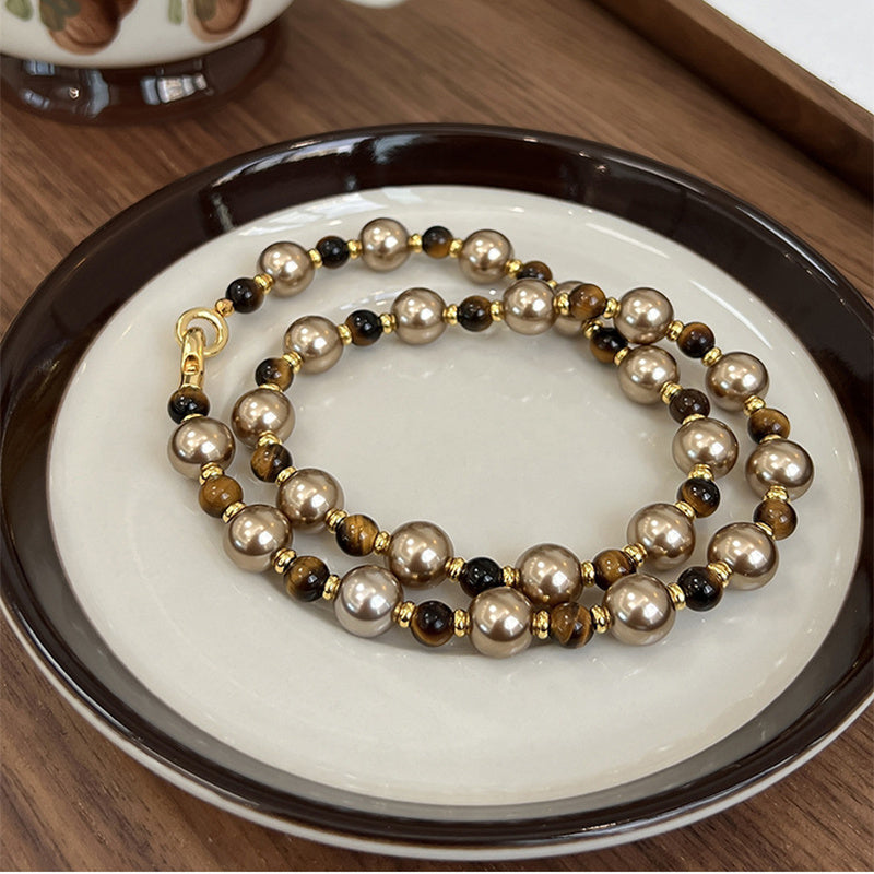 Brown Tiger Eye Pearl Necklace Luxury Chain