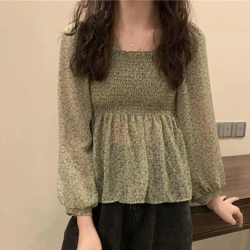 Blouse Women Sweet Korean Style Lovely Ladies Simple Lantern Sleeve Ruffles Popular Square Collar Thin Prairie Chic Holiday Tops