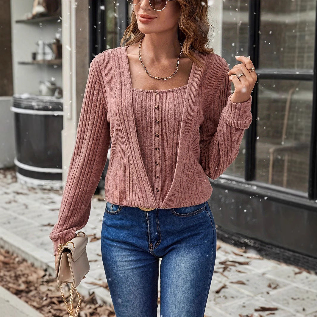 Button Long Sleeve Knitted T-shirt