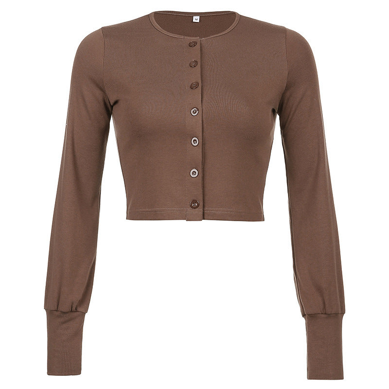 Retro Brown Cardigan Single-breasted Long-sleeved Shirt Women Casual Short Jacket