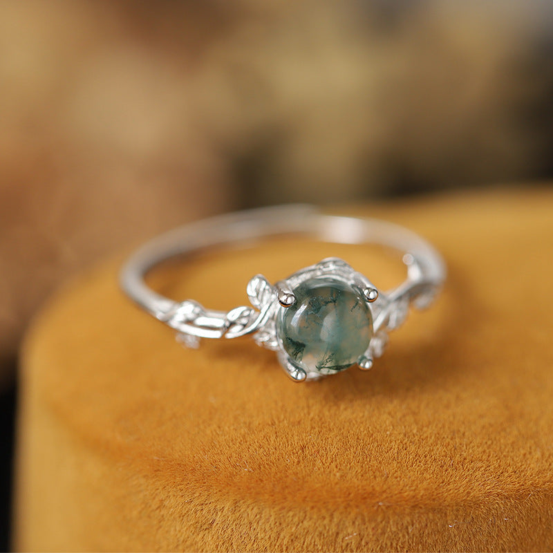 S925 Silver Green Moss Ring Water Plants Agate Stone Ring