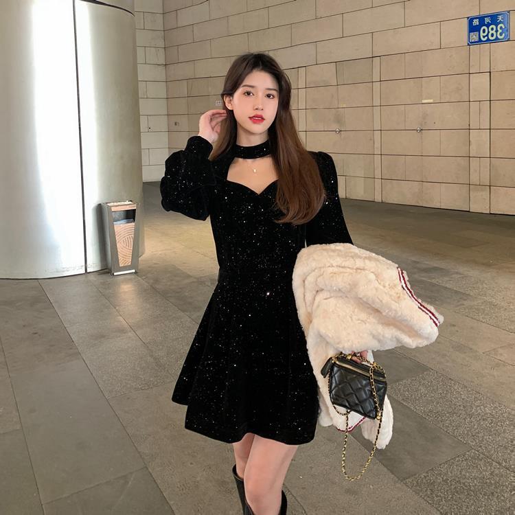 Christmas Red Annual Meeting Women's Velvet Dress Autumn And Winter New Temperament