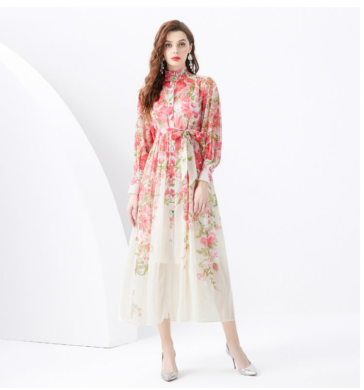 Floral-print Dress With A Stand-up Collar And Long Sleeves Exuding A High-end Aesthetic