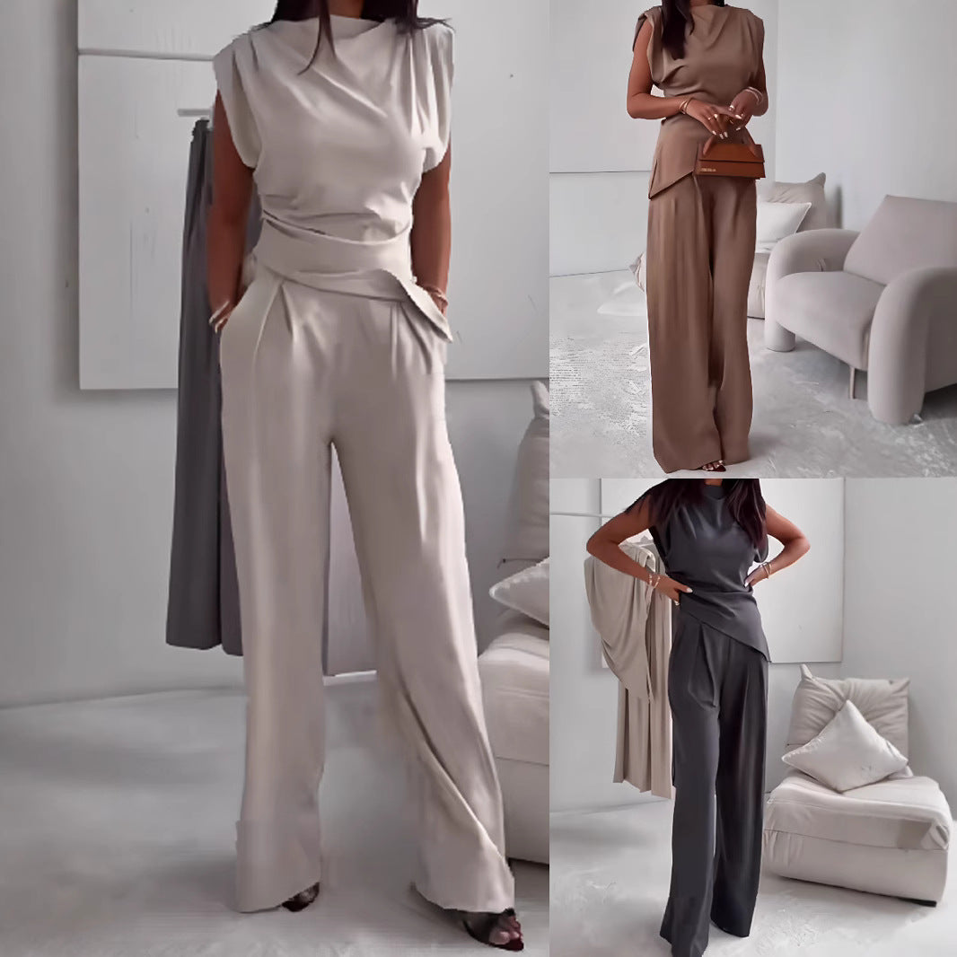 Sleeveless Suit Irregular Split Top And Straight Pants Set