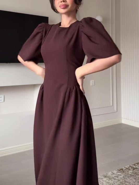 Brown Puff Sleeve Strappy Swing Dress