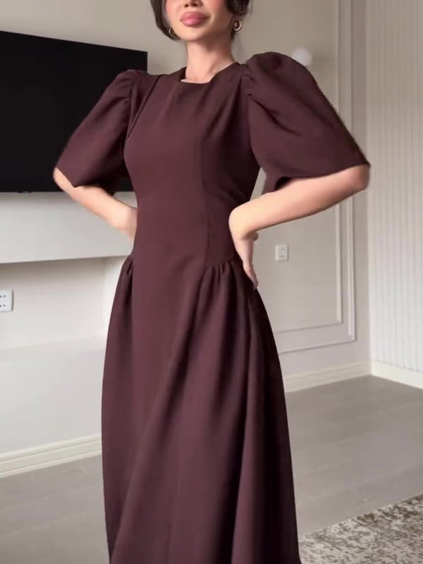 Brown Puff Sleeve Strappy Swing Dress