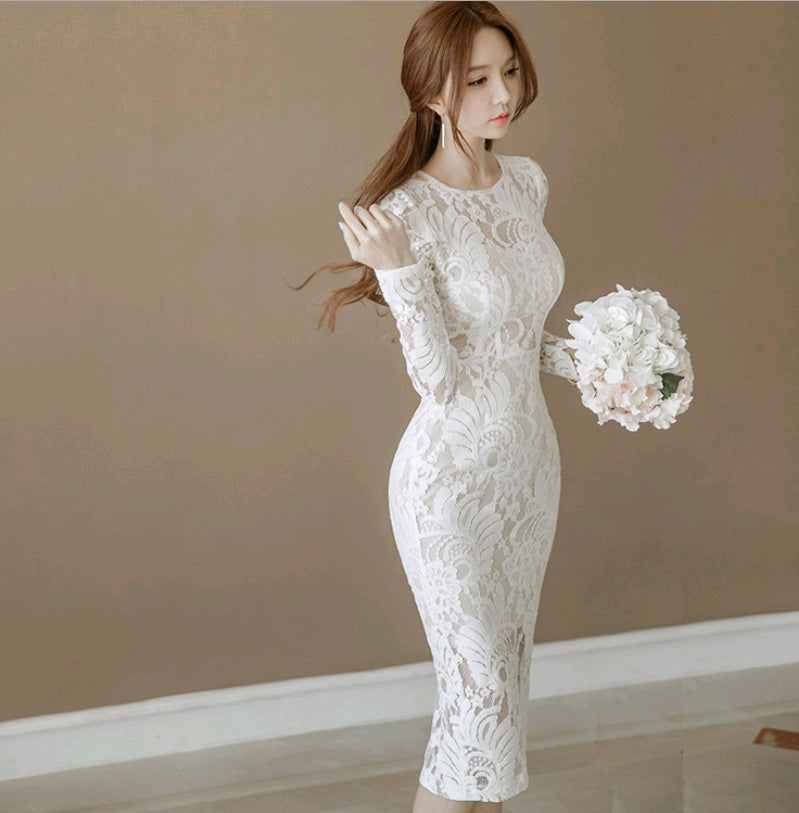 Dress autumn new Korean lace slim bag hip fashion round neck long dress women's step skirt