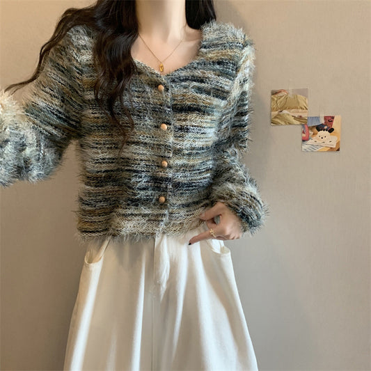 Soft Korean Style Square Collar Fur Design Striped Long Sleeve Sweater