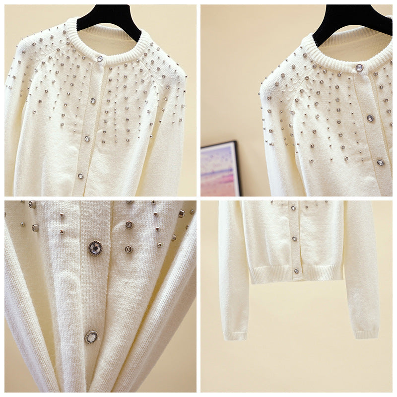 Autumn and winter new knitted cardigan women's jacket round neck beaded heavy high waist short thick base sweater sweater net red tide
