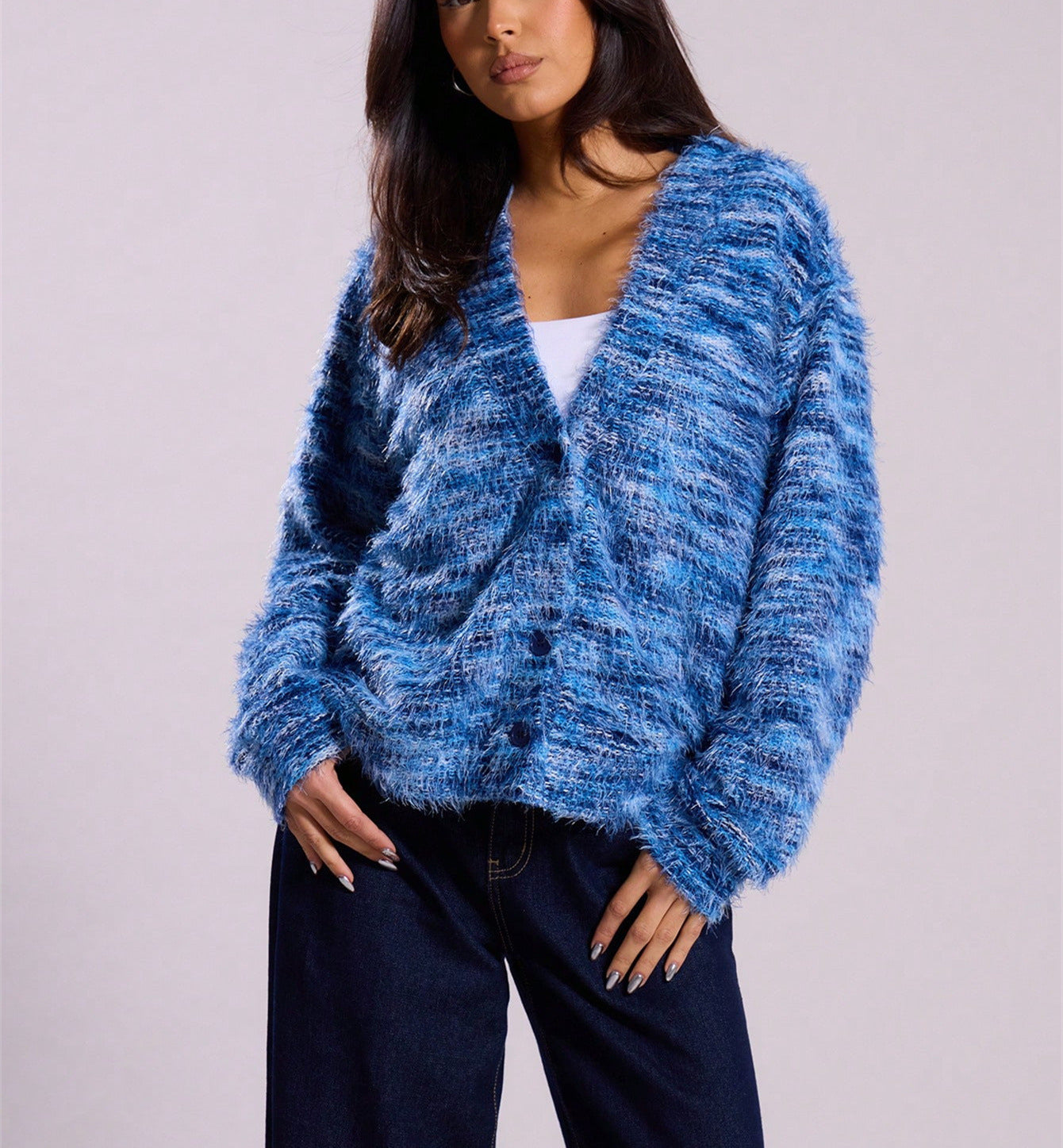 Winter Stripe Knitted Sweater Ins Button Cardigan Long Sleeved V-neck Cropped Tops For Women