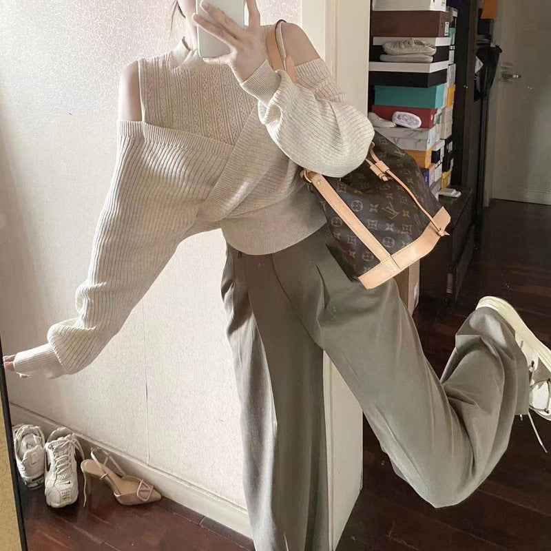 Women's Half Turtleneck Off Shoulder Fake Two Pieces Hollow-out Knitted Sweater