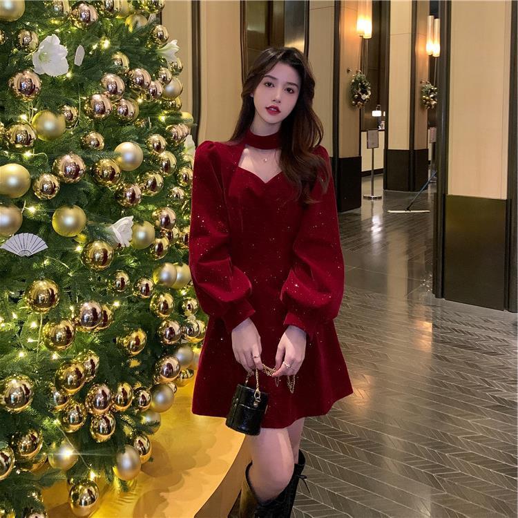 Christmas Red Annual Meeting Women's Velvet Dress Autumn And Winter New Temperament