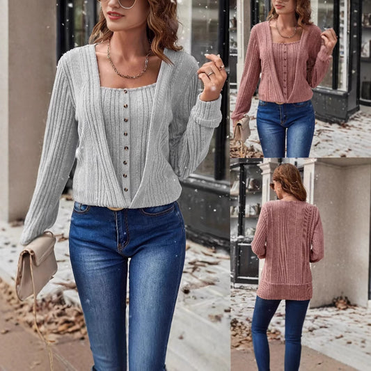 Button Long Sleeve Knitted T-shirt