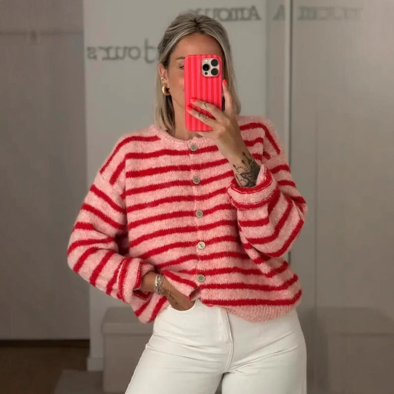 Long Sleeve Striped Color Block Women's Fashion Round Neck Casual Sweater