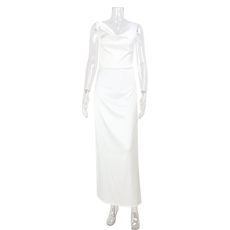 Women's Fashion French Style  Sleeveless V-Neck Swing Collar Dress Satin Dinner Dresses Chest Pleat Design Elegant Textured Slim Fit Party Socialite Dress