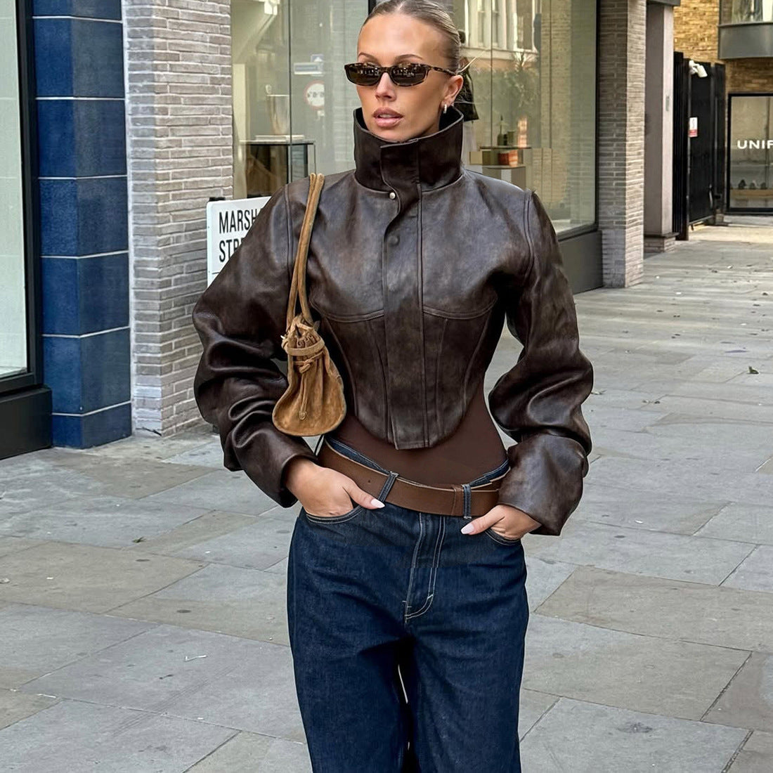 Solid-color High-neck Cropped Leather Jacket
