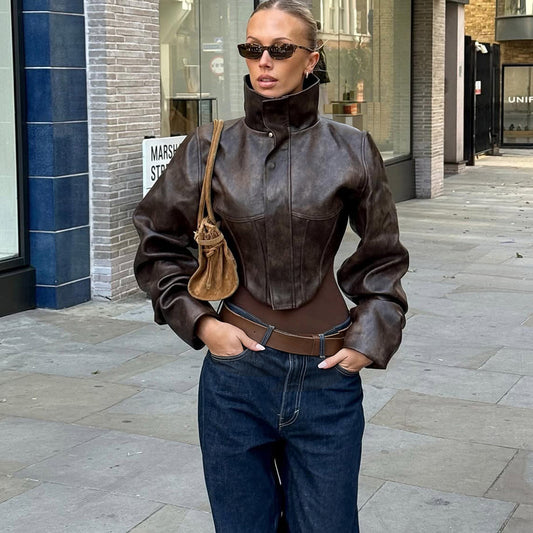 Solid-color High-neck Cropped Leather Jacket