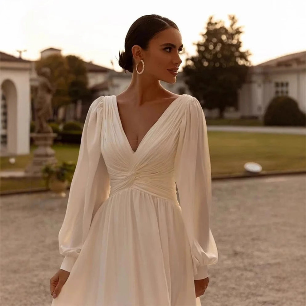 Chiffon Deep V Satin Long Sleeve Light Yarn Gown