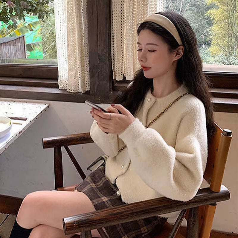 Cardigan Women Solid Knitted Retro Popular Korean Style Jumper Sweaters Newest Daily All-Match Loose O-Neck Vintage Soft Autumn