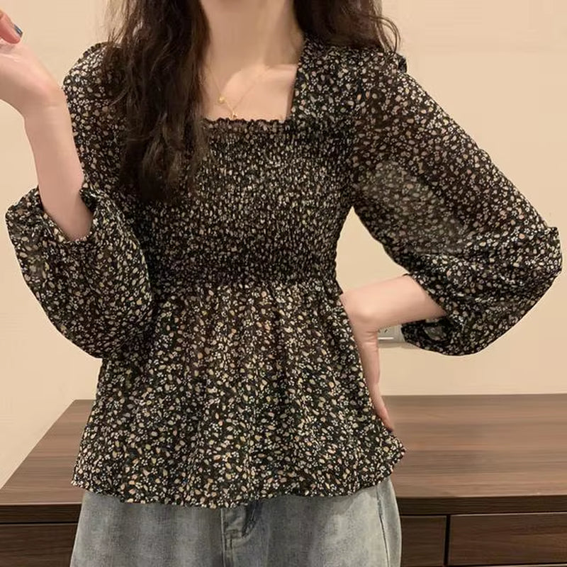 Blouse Women Sweet Korean Style Lovely Ladies Simple Lantern Sleeve Ruffles Popular Square Collar Thin Prairie Chic Holiday Tops