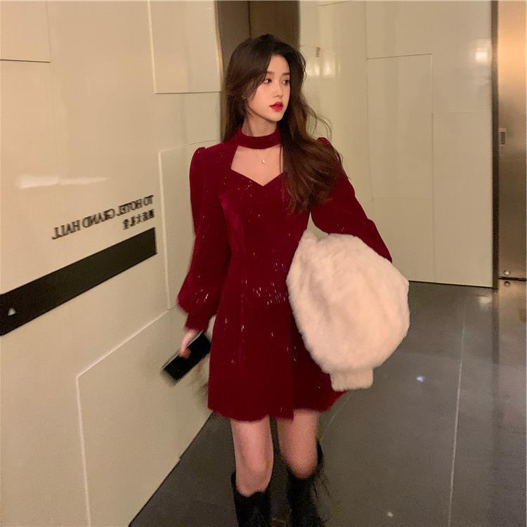 Christmas Red Annual Meeting Women's Velvet Dress Autumn And Winter New Temperament