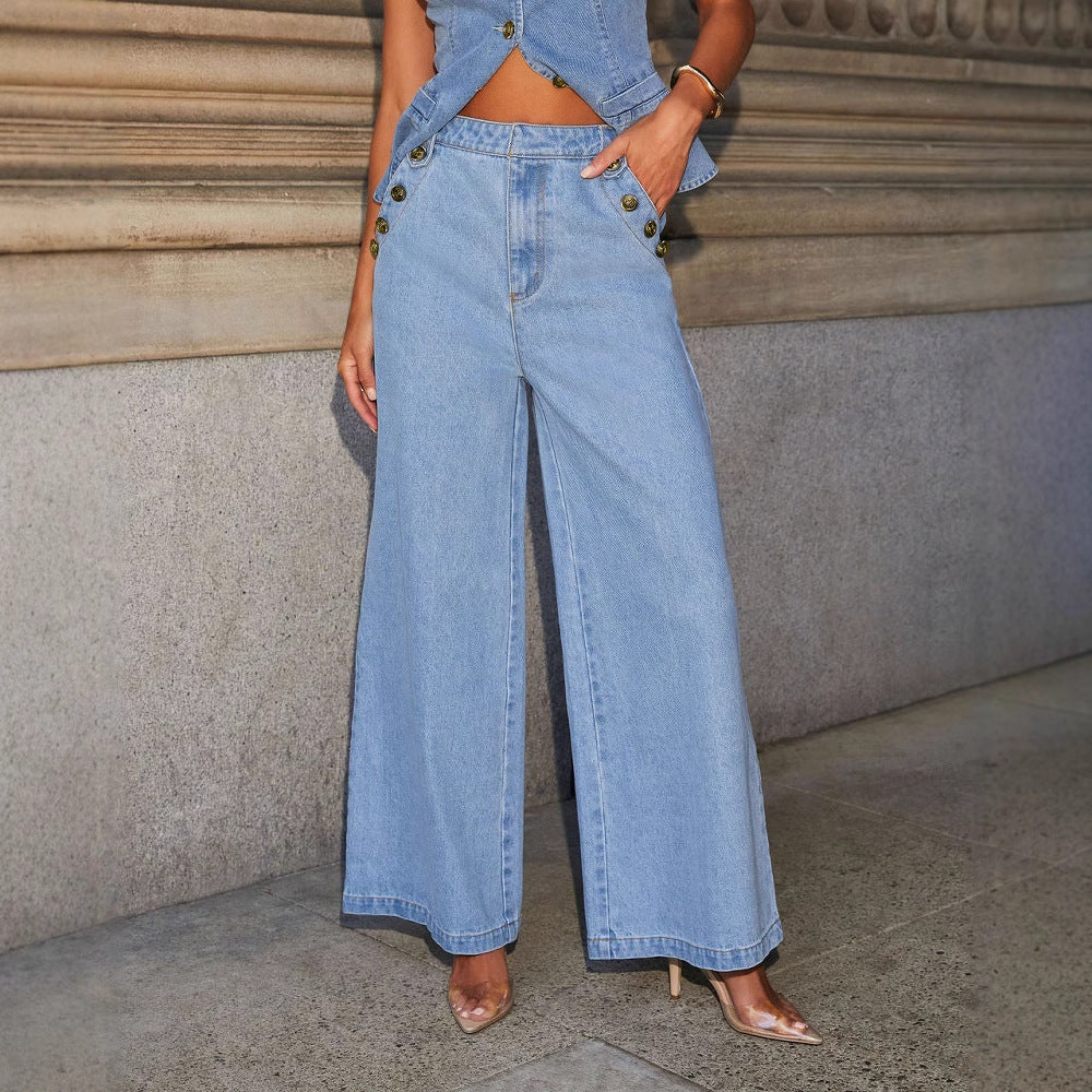 Sleeveless Vest And Wide Leg Straight Pants With Pockets Set