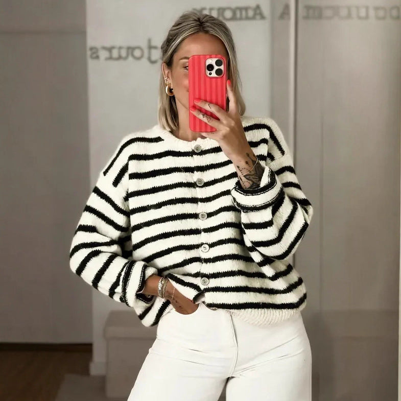 Long Sleeve Striped Color Block Women's Fashion Round Neck Casual Sweater