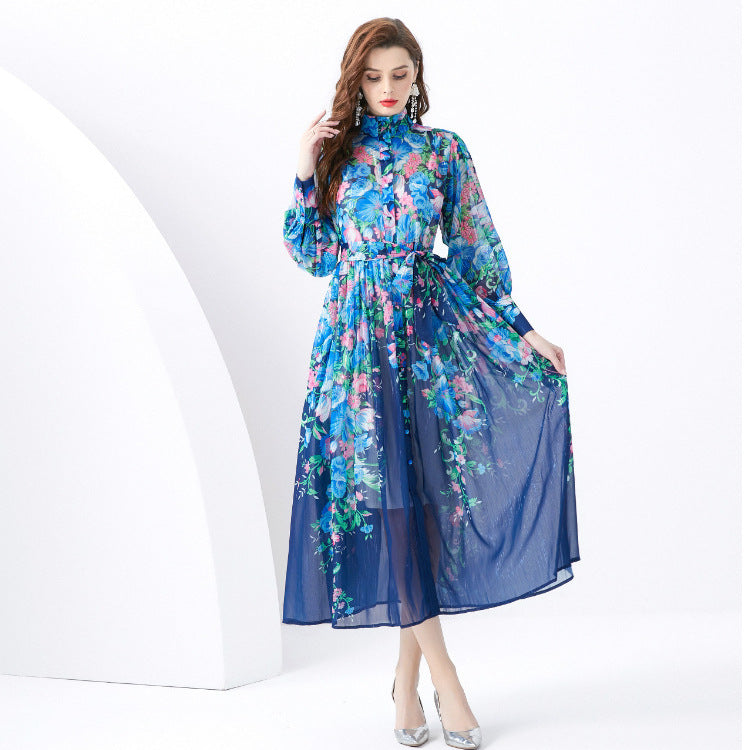 Floral-print Dress With A Stand-up Collar And Long Sleeves Exuding A High-end Aesthetic