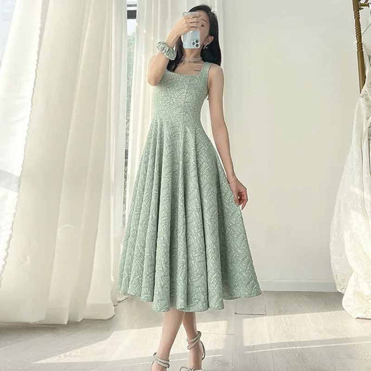 Retro Sling Square Neck Waist Dress Color Tank Top