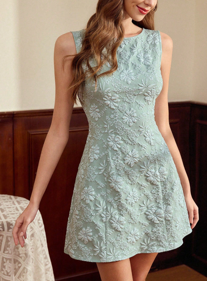 Floral Jacquard Dress French Minimalist Style Summer Dress