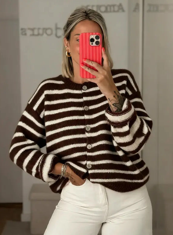 Long Sleeve Striped Color Block Women's Fashion Round Neck Casual Sweater