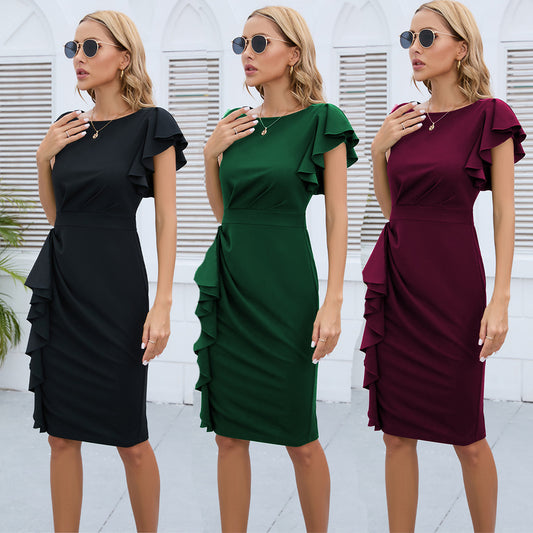 European And American Temperament Lotus Leaf Bell Sleeve Sheath Dress
