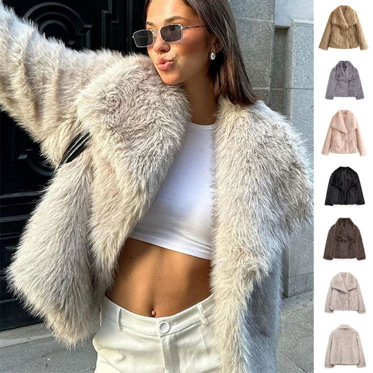 Winter Plush Coat Fashion Warm Thicken Fluffy Lapel Jacket Outwear  Long Sleeve