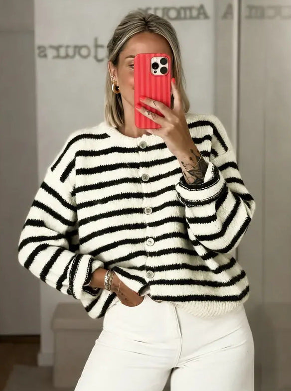 Long Sleeve Striped Color Block Women's Fashion Round Neck Casual Sweater