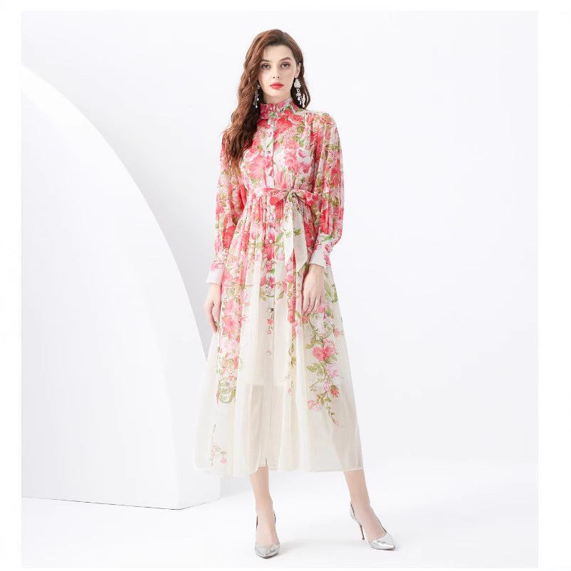 Floral-print Dress With A Stand-up Collar And Long Sleeves Exuding A High-end Aesthetic