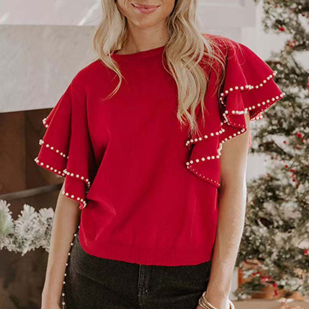 Women's Stitching Round Neck Sweater With Short Sleeves