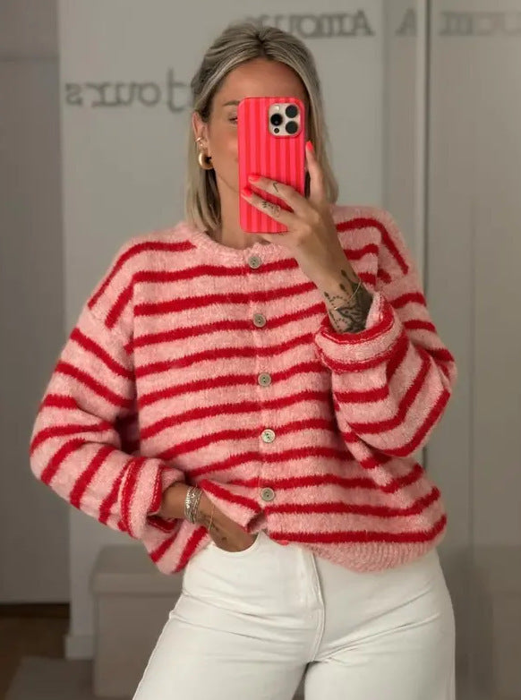 Long Sleeve Striped Color Block Women's Fashion Round Neck Casual Sweater