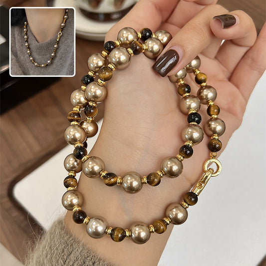 Brown Tiger Eye Pearl Necklace Luxury Chain