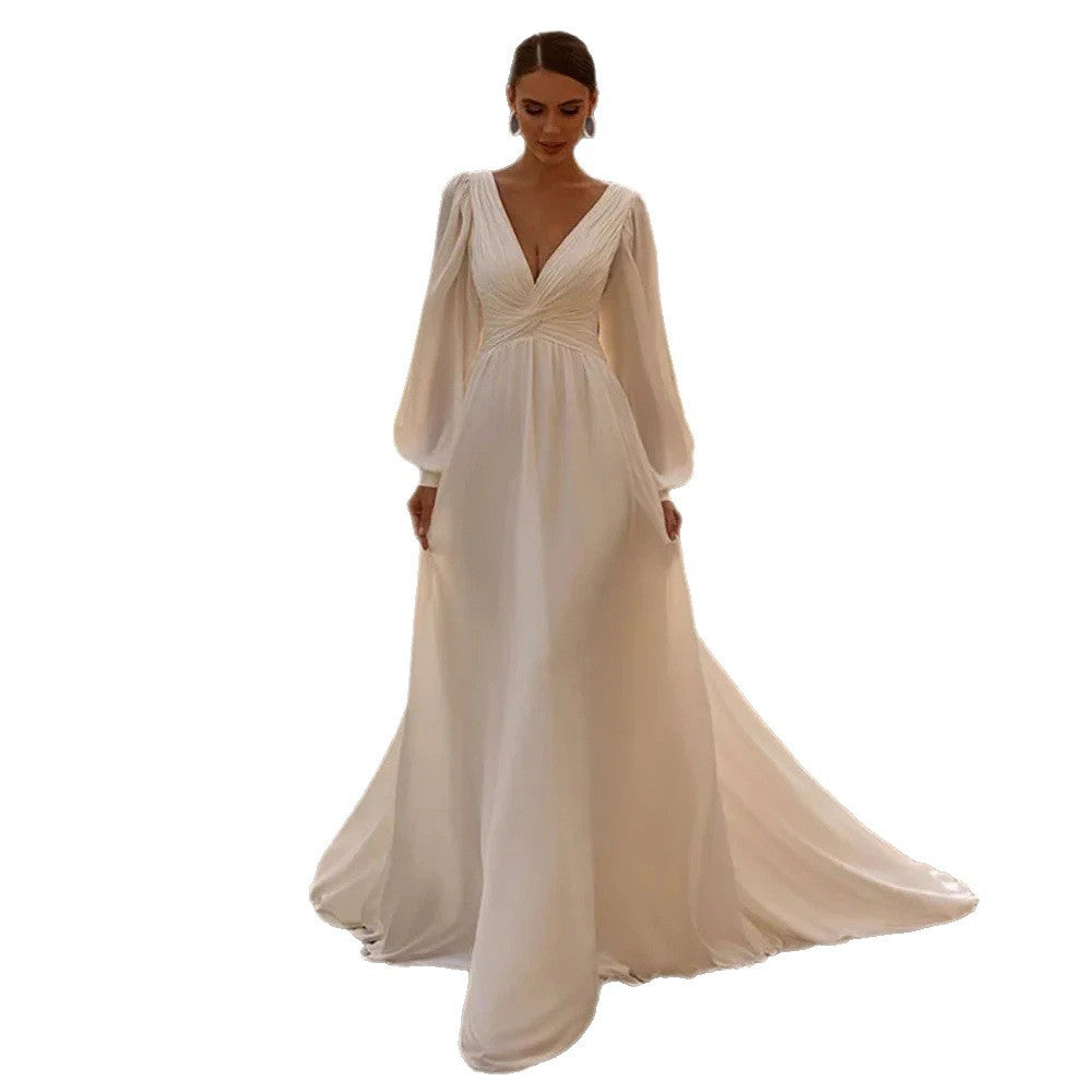 Chiffon Deep V Satin Long Sleeve Light Yarn Gown