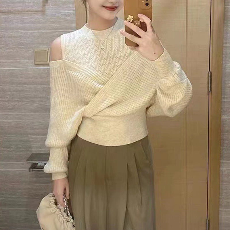 Women's Half Turtleneck Off Shoulder Fake Two Pieces Hollow-out Knitted Sweater