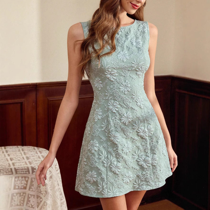 Floral Jacquard Dress French Minimalist Style Summer Dress
