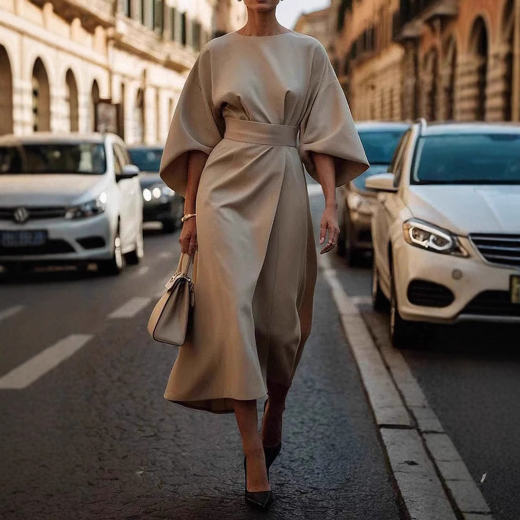 Loose Batwing Sleeve Dress Fashion Waist-tighted Elegant Dresses