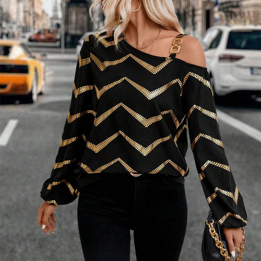 Women's Asymmetric Collar Long-sleeved Striped T-shirt Top