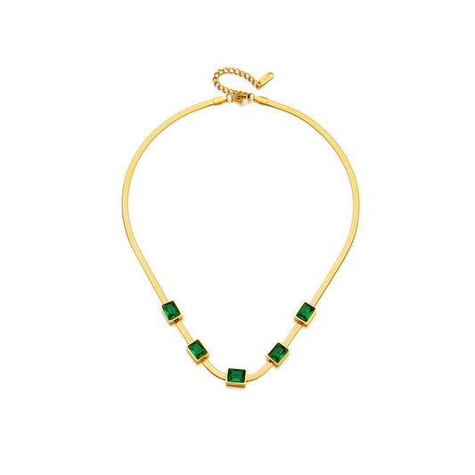Simple Square Green Zircon Titanium Steel Necklace And Bracelet Suit Combination