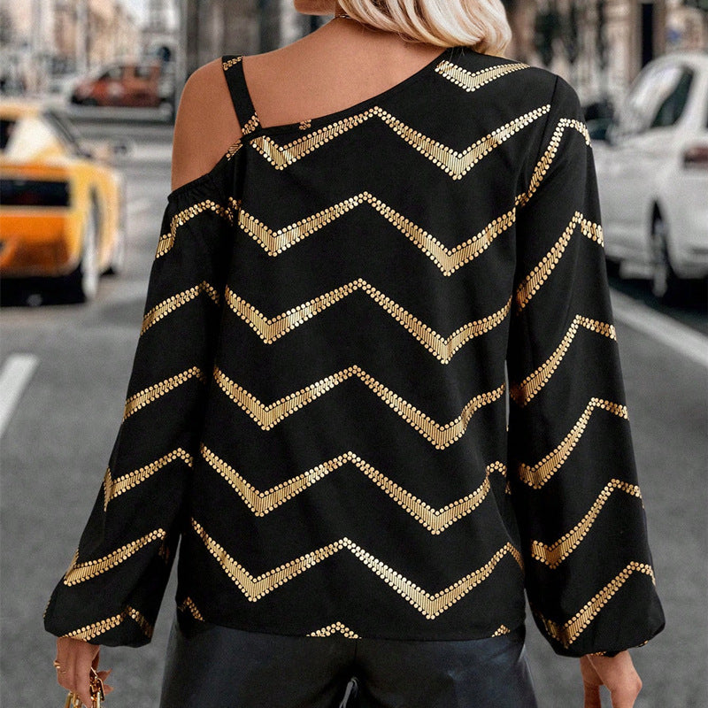 Women's Asymmetric Collar Long-sleeved Striped T-shirt Top