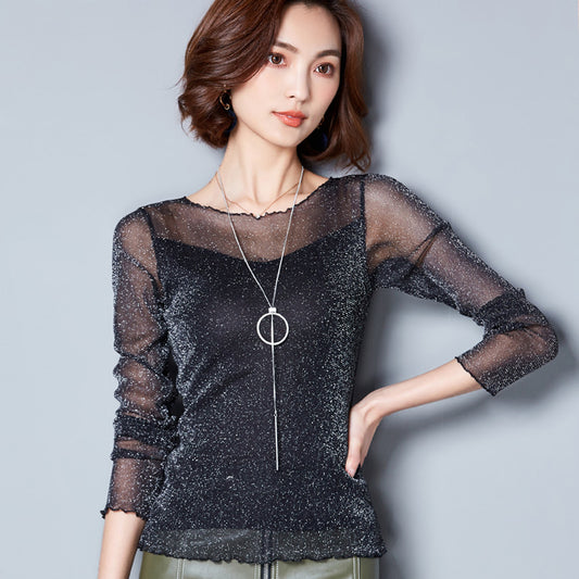 Simple Round Neck Gold And Silver Mesh Sexy Base Shirt
