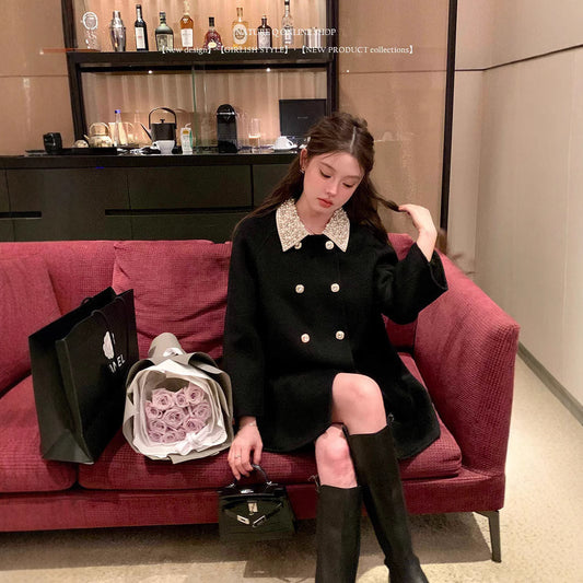 Luxurious Women's Double-faced Woolen Goods Artificial Wool Black Coat
