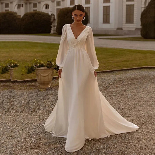 Chiffon Deep V Satin Long Sleeve Light Yarn Gown